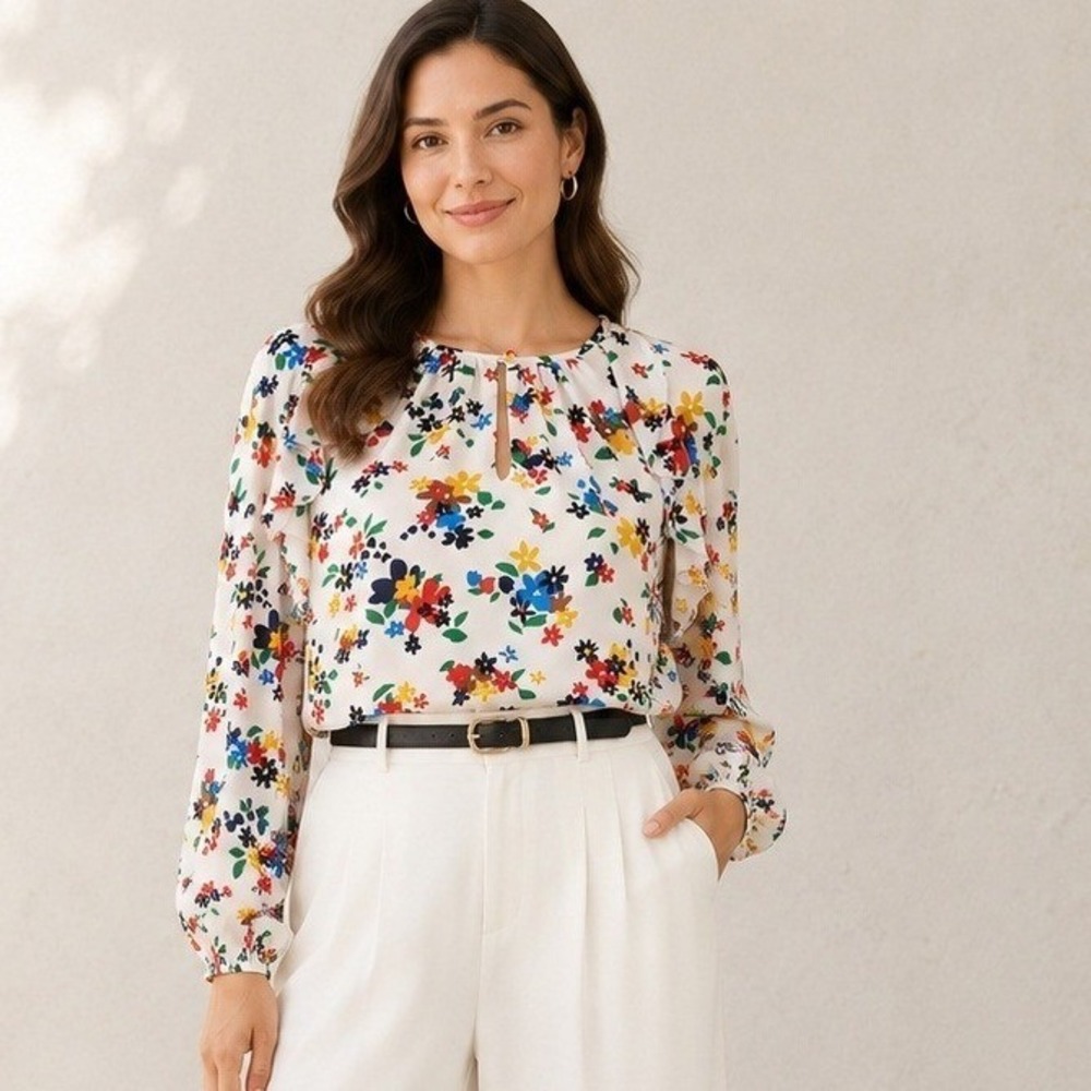 Kate Spade Blouse Floral Sailing Ruffle Keyhole Feminine Size M